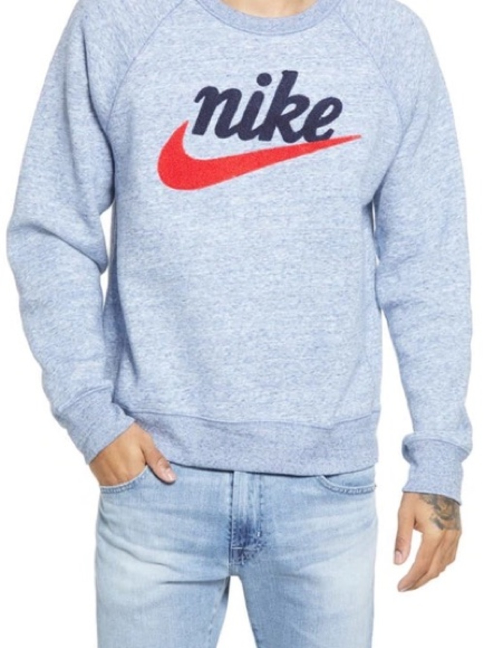 Nike Men’s HERITAGE CREWNECK SWEATSHIRT IN BLUE VOID/ HEATHER Vintage Look XL